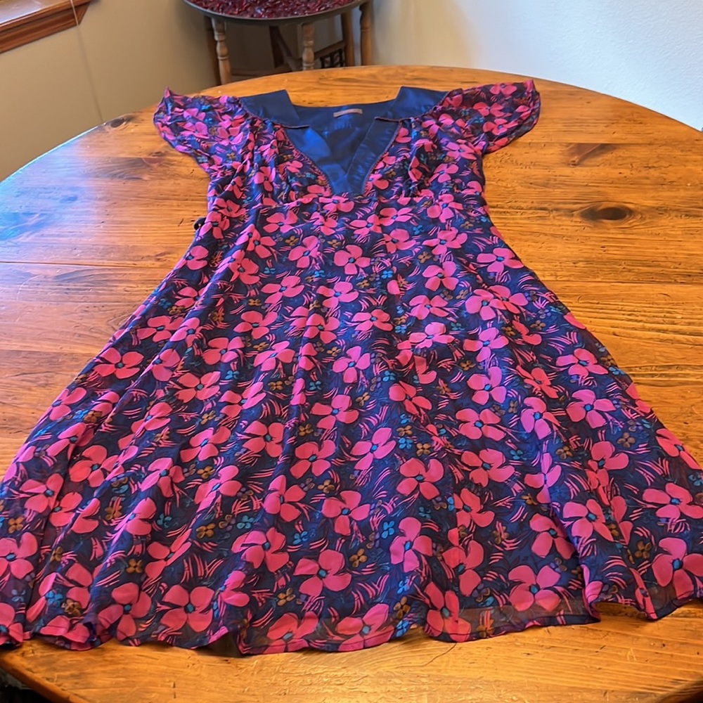Wrap 100% Silk Blue & Purple Floral Dress Size UK 12